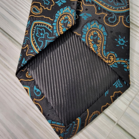 HI-TIE Mens Neck Tie NWT Black Blue Gold Paisleys 100 % Silk Handmade - Picture 10 of 14